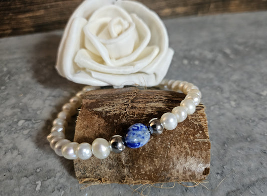 Silver Lapis Blue Pearl Bracelet